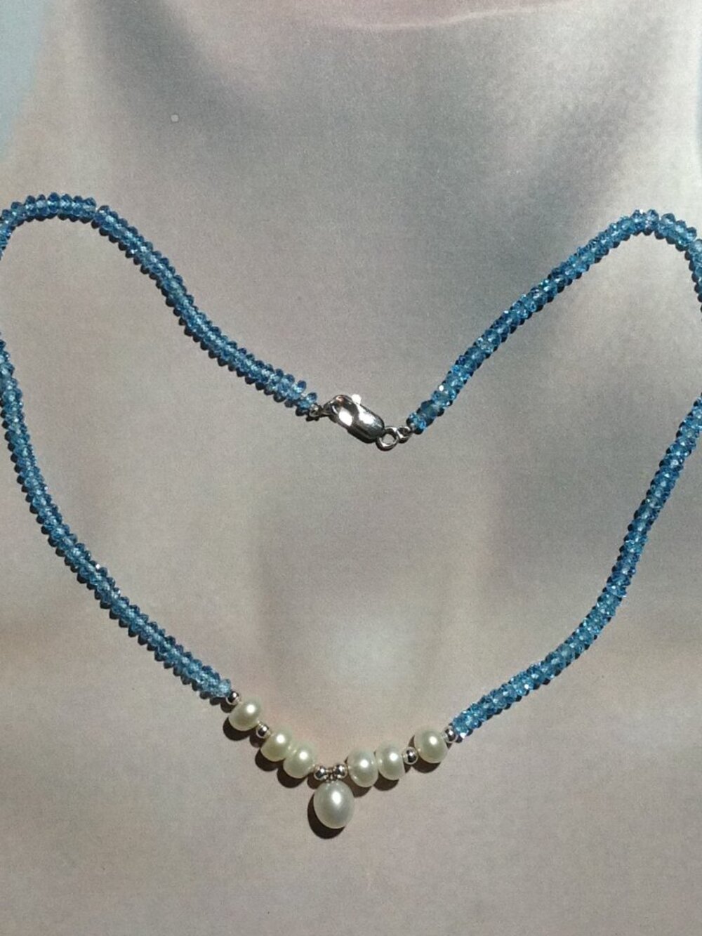 Natural Faceted Blue Topaz Beads and Freshwater Pearl Necklace
